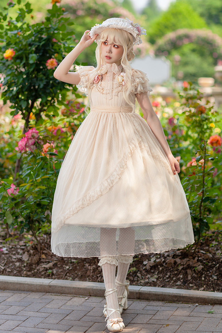Apricot [Moon goddess *Mediana*] Polka Dot Print Ruffle Bowknot Asymmetric Sweet Elegant Lolita Dress - Product - 4