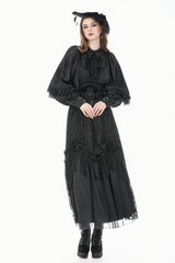 Black Point Collar Long Bishop Sleeves Rose Jacquard Irregular Hem Women's Gothic Blouse with Detachable Tie - Product - 8