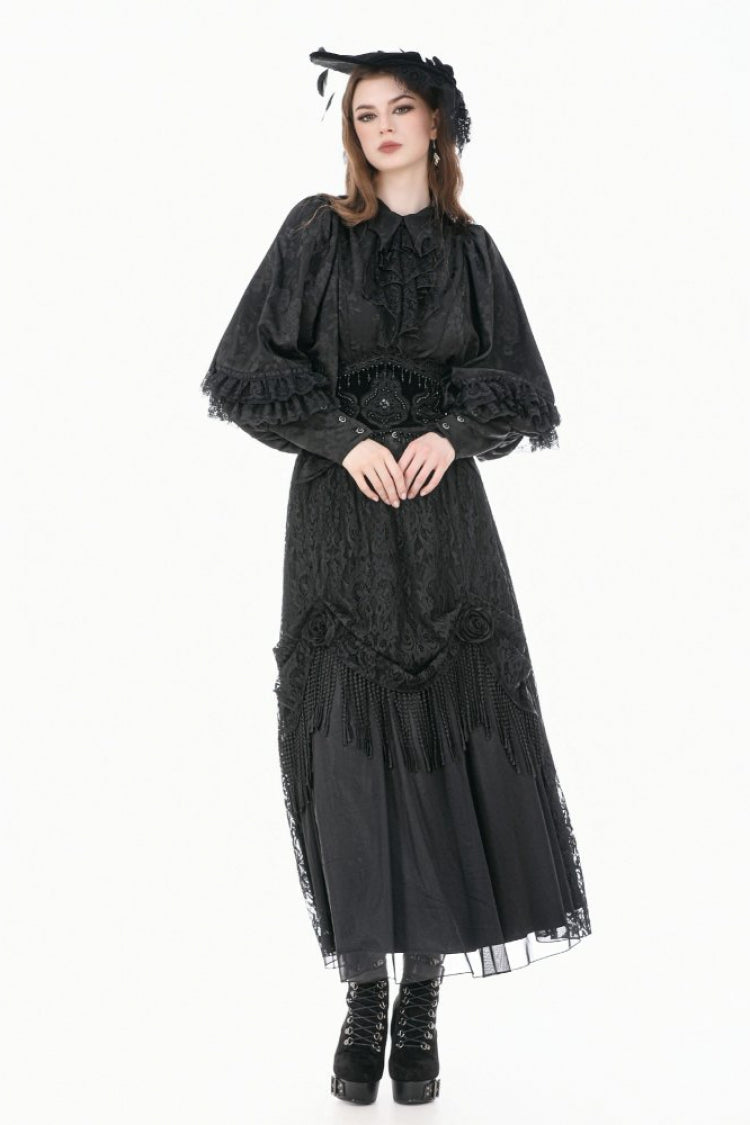 Black Point Collar Long Bishop Sleeves Rose Jacquard Irregular Hem Women's Gothic Blouse with Detachable Tie - Product - 8