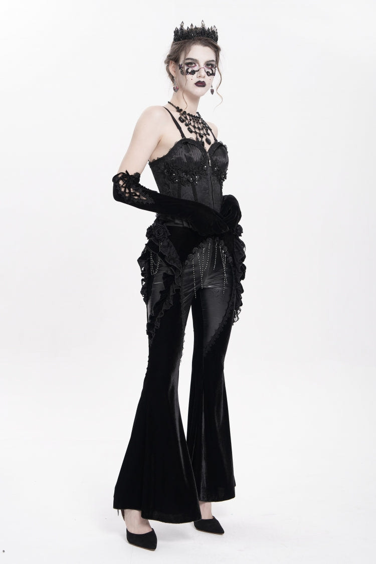 Black Ruffled Spliced Women's Gothic Floral Faux Leather&Velvet Ruffle Pants - Product - 7