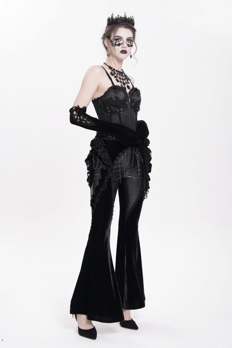 Black Ruffled Spliced Women's Gothic Floral Faux Leather&Velvet Ruffle Pants - Product - 7