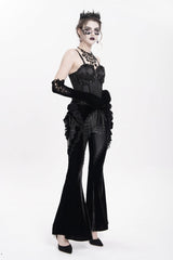 Black Ruffled Spliced Women's Gothic Floral Faux Leather&Velvet Ruffle Pants - Product - 7