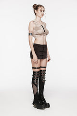 Brown Patchwork Slim Fit Mesh Zippered Eyelet Women's Punk Cool Skirt - Product - 4