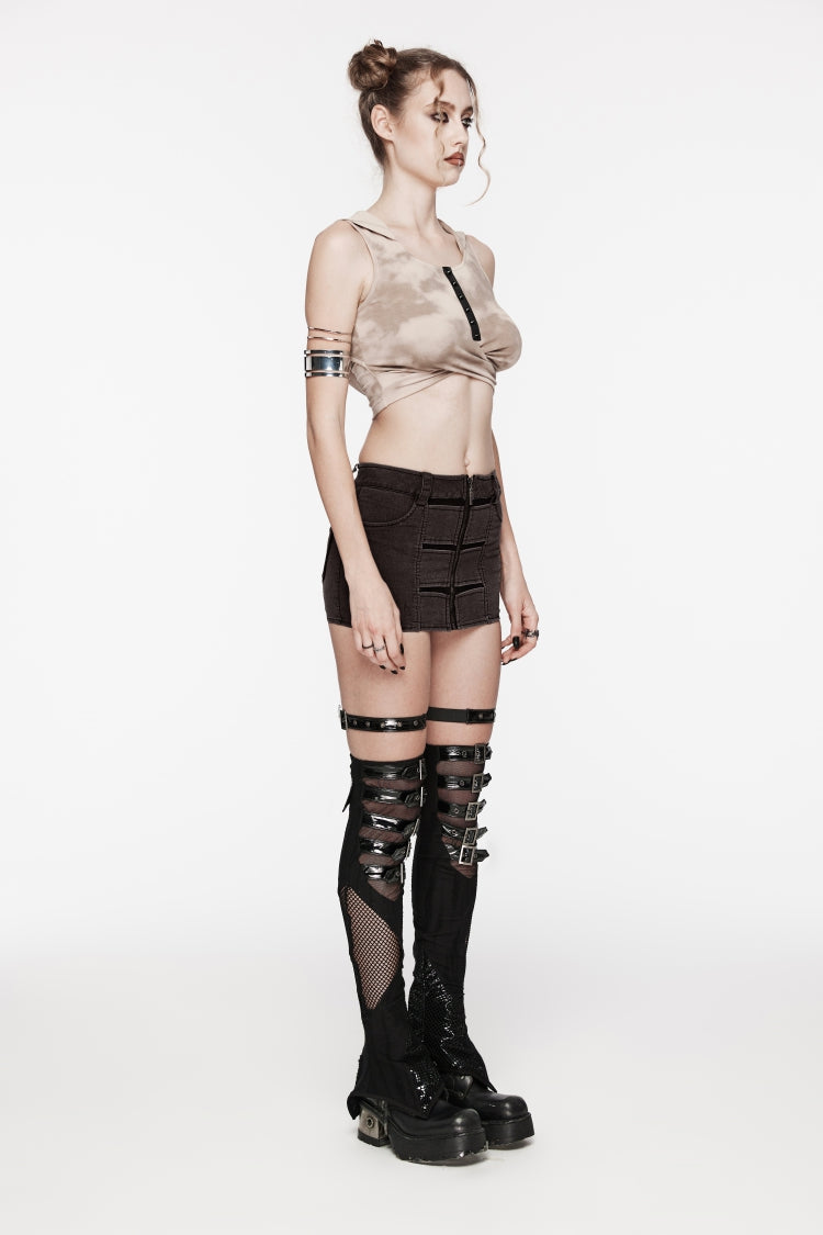 Brown Patchwork Slim Fit Mesh Zippered Eyelet Women's Punk Cool Skirt - Product - 4