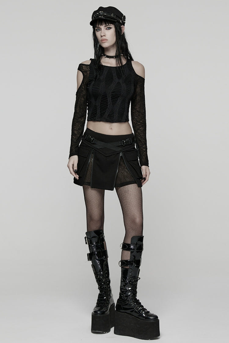 ブラック オフショルダー 長袖 Spliced メッシュ プリーツ レディース パンク Top 商品画像