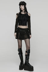 Black Off Shoulder Long Sleeves Spliced Mesh Pleated Women's Punk Top - Product - 4