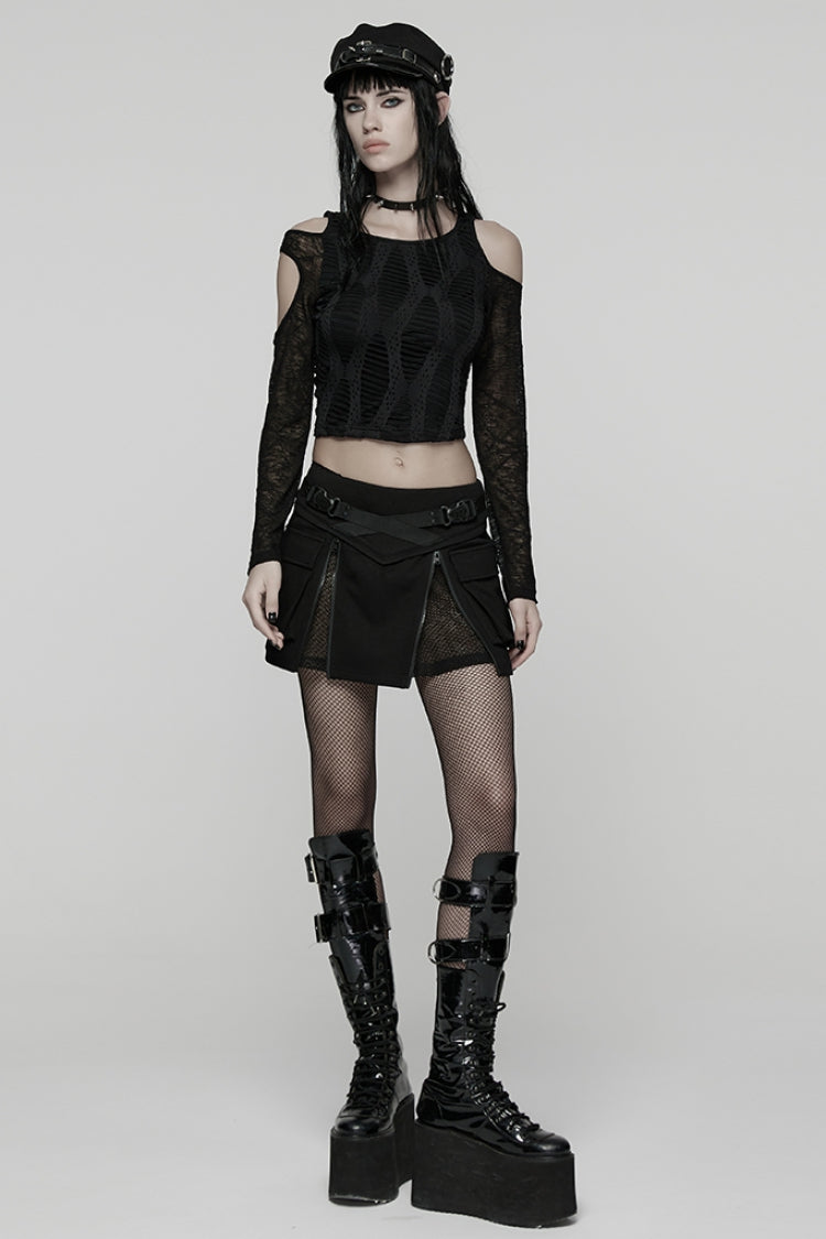 Black Off Shoulder Long Sleeves Spliced Mesh Pleated Women's Punk Top - Product - 4