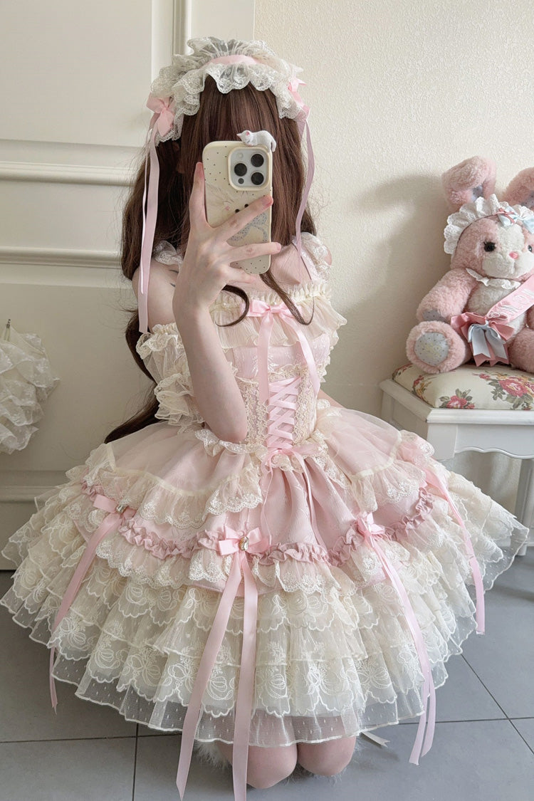 Pink [Ribbon Heart Love] Sleeveless Multi-Layered Ruffle Bowknot Lace Lace-Up Sweet Princess Ballet Lolita Jsk Dress - Product - 6