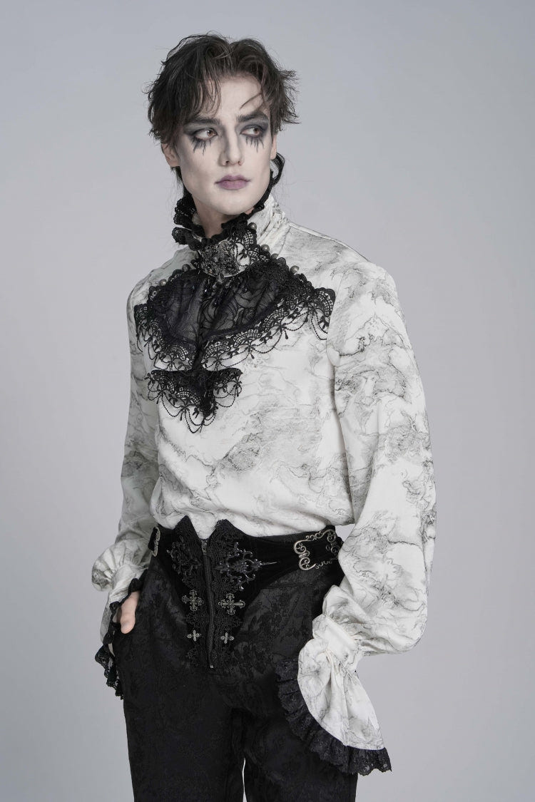 White Stand Collar Long Trumpet Marble Printed Sleeves Embroidered Spliced Men's Gothic Palace Shirt - Product - 10