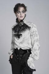 White Stand Collar Long Trumpet Marble Printed Sleeves Embroidered Spliced Men's Gothic Palace Shirt - Product - 10