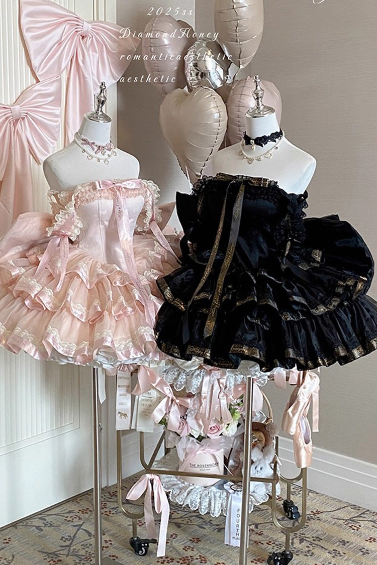 Black [Princess Ribbon] Off Shoulder Triple-Layered Ruffle Bowknot Sweet Lolita Dress - Product - 5
