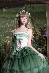 Green [Lily of the Valley in Falling Snow] Sleeveless Triple-Layered Ruffled Bow Lace-Up Sweet Elegant Lolita Skirt Dress Set - Product - 4