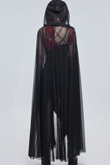 Black Punk Cross Leather Straps On Chest Design Metal Five-Pointed Star Decoration Long Hooded Women's Cape - Product - 7