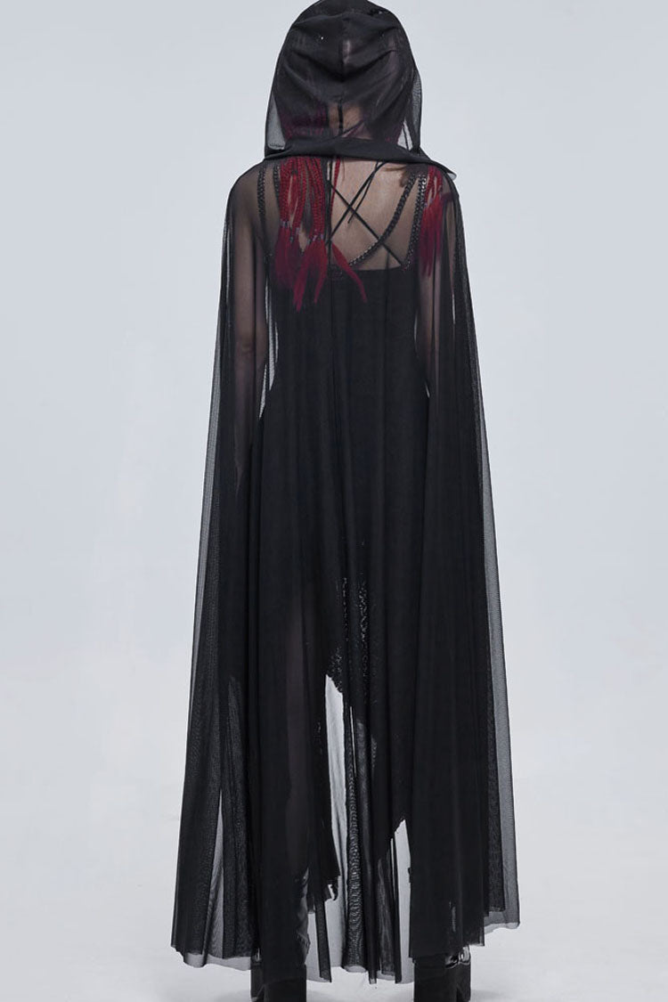 Black Punk Cross Leather Straps On Chest Design Metal Five-Pointed Star Decoration Long Hooded Women's Cape - Product - 7