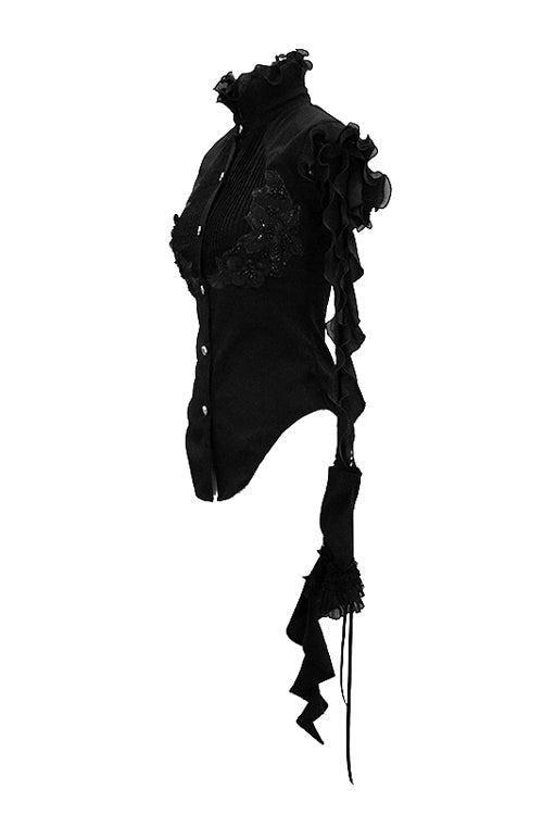 Black Ruffled Lace Sleeves Chiffon Swallowtail Womens Gothic Blouse - Product - 6