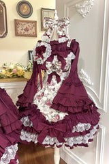 Burgundy Rose Flower Wall Printed Off Shoulder Sleeveless Ruffled Bow Lace Gothic Lolita Jsk Dress - Product - 16