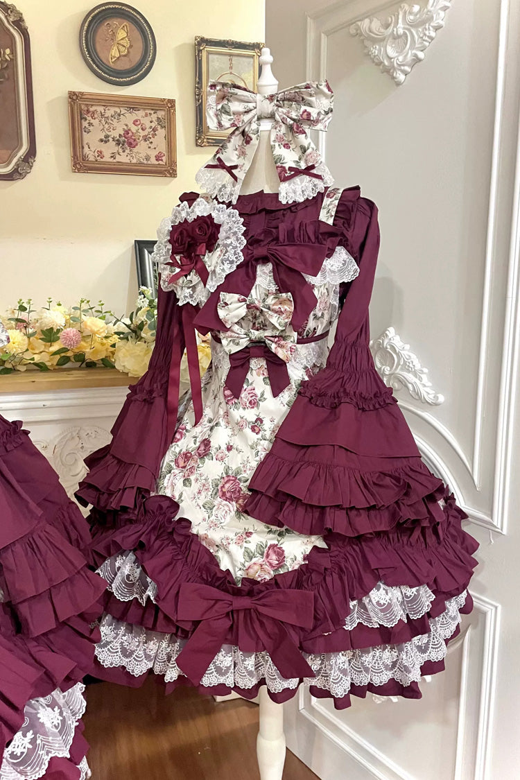 Burgundy Rose Flower Wall Printed Off Shoulder Sleeveless Ruffled Bow Lace Gothic Lolita Jsk Dress - Product - 16