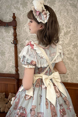 Pink/Green Bear Doll Wall Print Short Sleeves Ruffle Embroidery Bowknot Sweet Lolita Dress - Product - 4