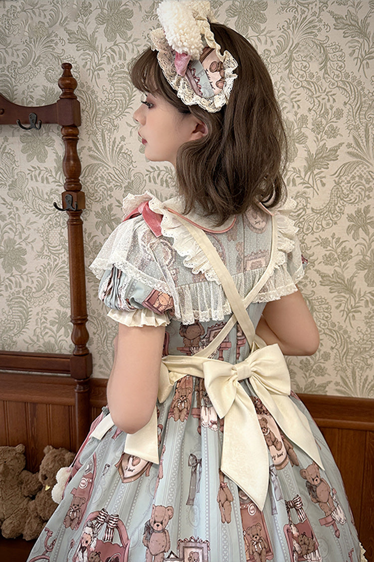 Pink/Green Bear Doll Wall Print Short Sleeves Ruffle Embroidery Bowknot Sweet Lolita Dress - Product - 4