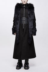 Black Double Sided Woollen Hooded Punk Mens Long Coat - Black - 1