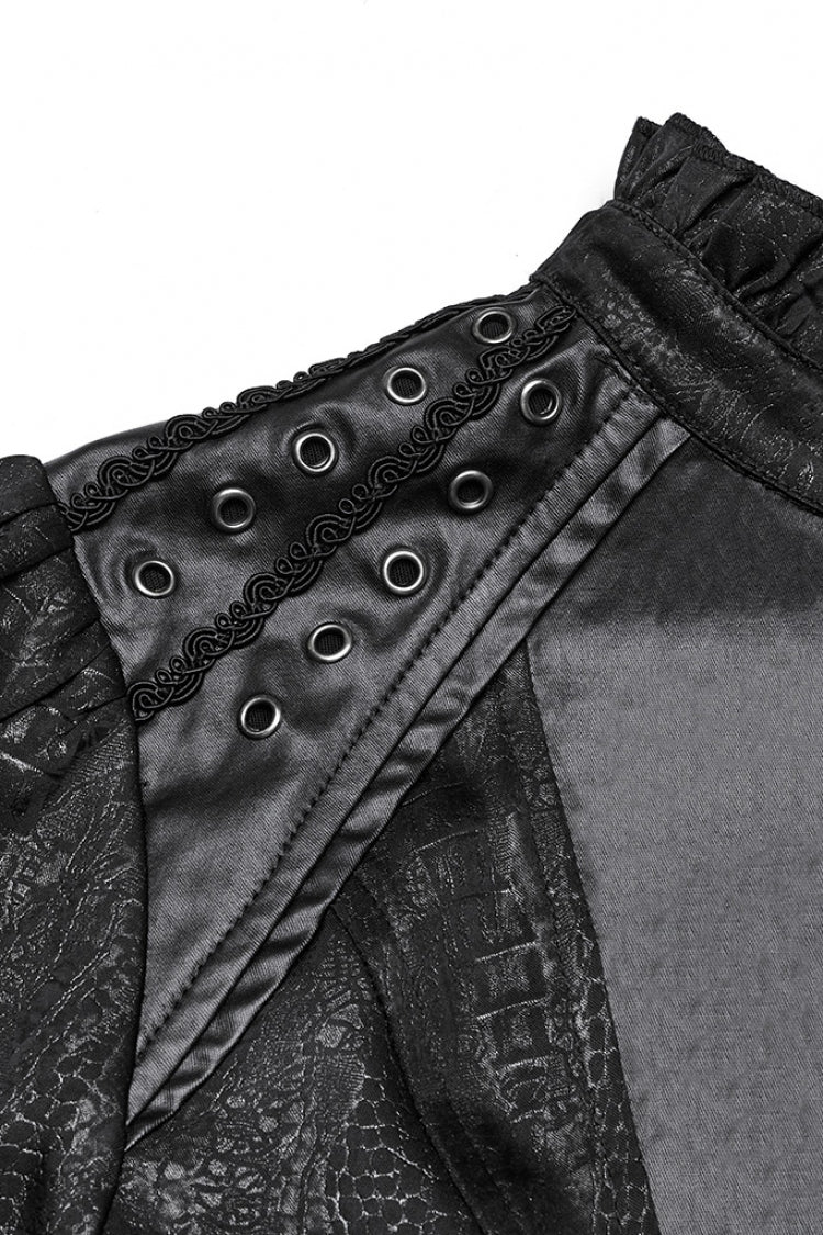 Black Stand Collar Long Puff Sleeves Faux Leather Stitching Women's Gothic Blouse - Product - 6