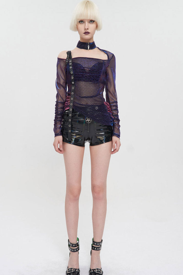 Multi-Color Punk Long Sleeve Mesh Neck Zipper Adjustable Shoulder Straps Asymmetric Women's T-Shirt - Product - 8