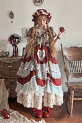Multi-Color Cherry Print Short Sleeves Multi-Layered Ruffle Embroidery Sweet (Dress Only) front view