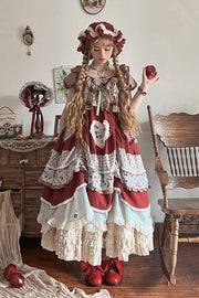 Multi-Color Cherry Print Short Sleeves Multi-Layered Ruffle Embroidery Sweet (Dress Only) front view