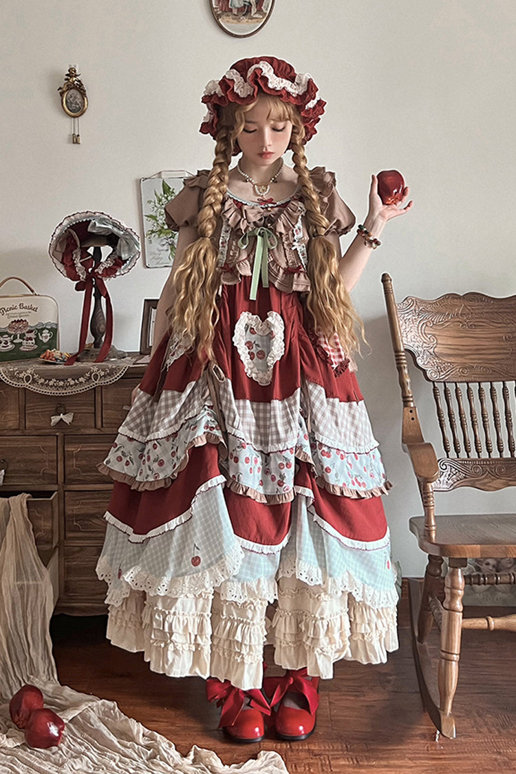Multi-Color Cherry Print Short Sleeves Multi-Layered Ruffle Embroidery Sweet (Dress Only) front view