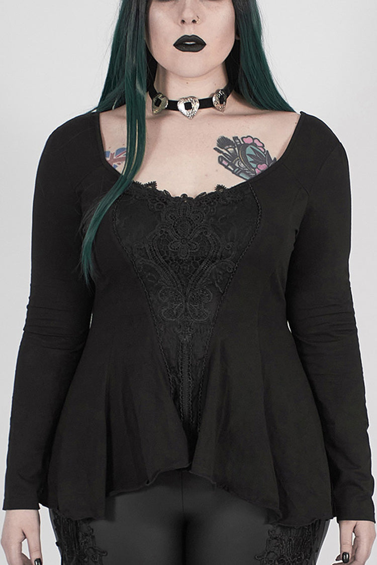 Black Big Round Collar Front Chest Decals Long Sleeve Back Waist Lace-Up Frill Hem Plus Size Women's Gothic T-Shirt - Black - 1