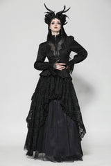 Black Stand Collar Long Trumpet Sleeves Lace Sheer Lace-Up Women's Gothic High Low Tail Coat - Black - 1