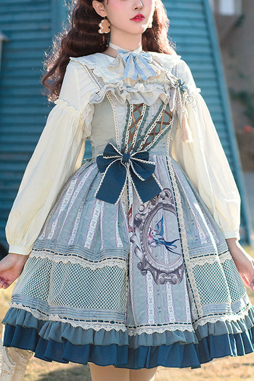 Light Blue Vintage Finches In The Mirror Print Country Style Bowknot Multi-Layer Ruffled Classic Lolita JSK Dress - Blue - 1