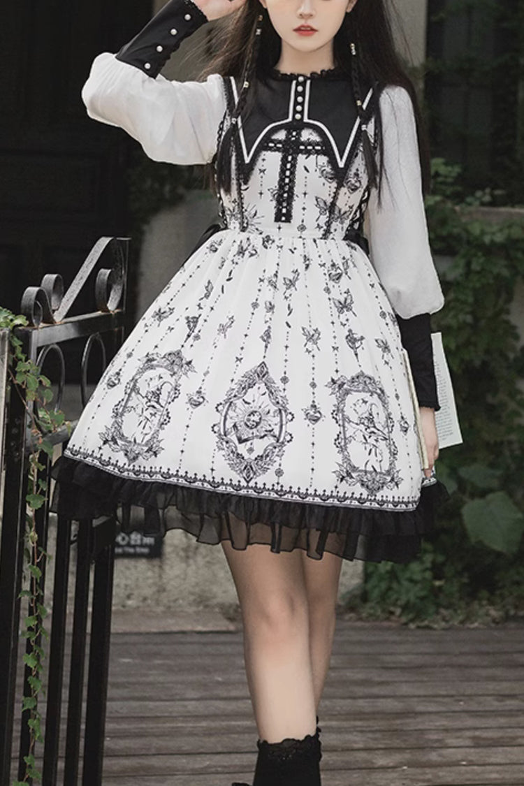 Black/White Long Sleeves Lace Ruffle Butterfly Magic Print Gothic Lolita OP Dress - Black/White - 1