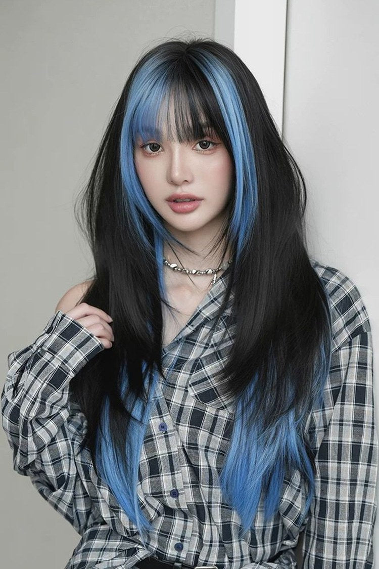 Black/Blue Ombre Highlighted High-Layered Long Straight Sweet Lolita Wig - Product - 2
