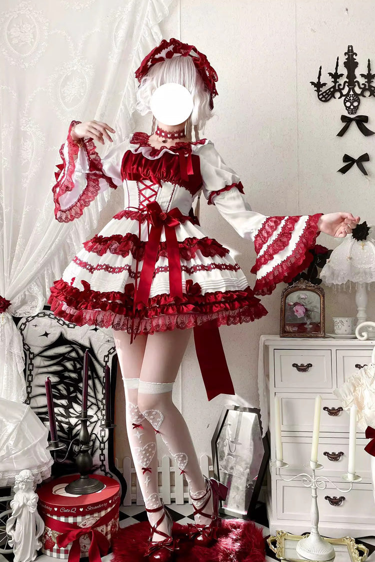 White/Red [Layered Red Velvet] Short Sleeves Ruffle Bowknot Lace Sweet Lolita Dress - Product - 3