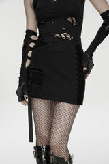 Black Lace-Up Slim Asymmetric Zippered Eyelet Women's Punk Handsome Skirt - Product - 5