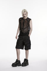 Black Round Collar Sleeveless Cut-Out Mesh Buckled Eyelet Men's Punk Vest - Product - 7