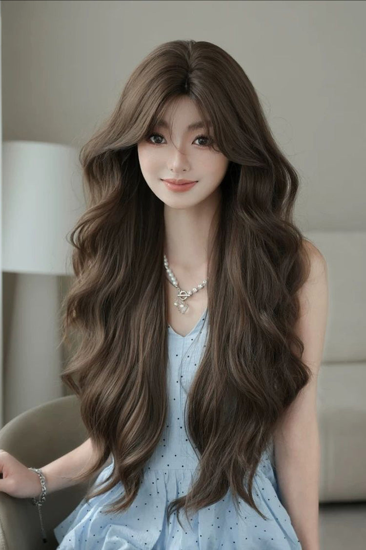Honey Tea Warm Brown Natural Fluffy Long Wavy Sweet Lolita Wig with Face-Framing Bangs - Honey-Tea-Warm-Brown - 1