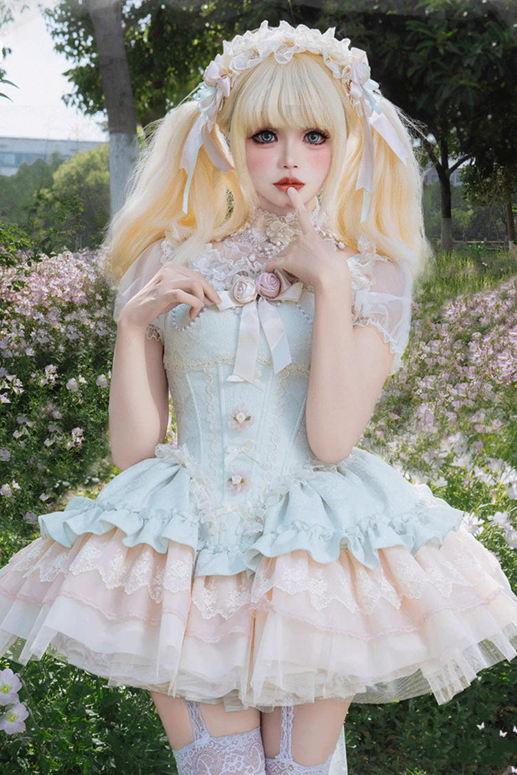 Green [Fleeting Light and Shallow Dream] Sleeveless Multi-Layered Ruffle Bowknot Lace Slim Sweet Ballet Lolita Jsk Dress - Green - 1