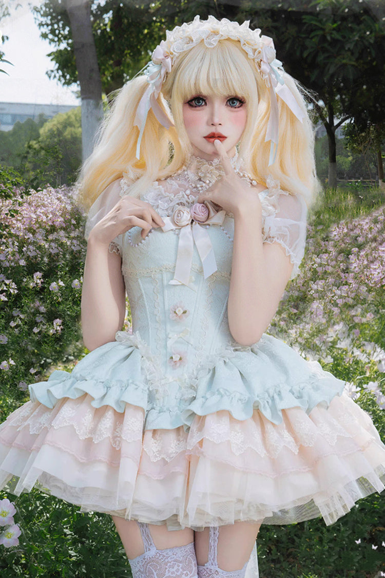 Green [Fleeting Light and Shallow Dream] Sleeveless Multi-Layered Ruffle Bowknot Lace Slim Sweet Ballet Lolita Jsk Dress - Green - 1