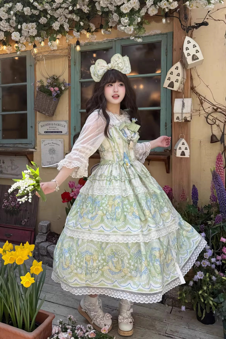 Ivory/Green [Lily of the Valley Perfume] Pearl Candy Tea Doll Collar Sleeveless Printed Lace Plus Size Sweet Lolita Jsk Dress - Product - 14