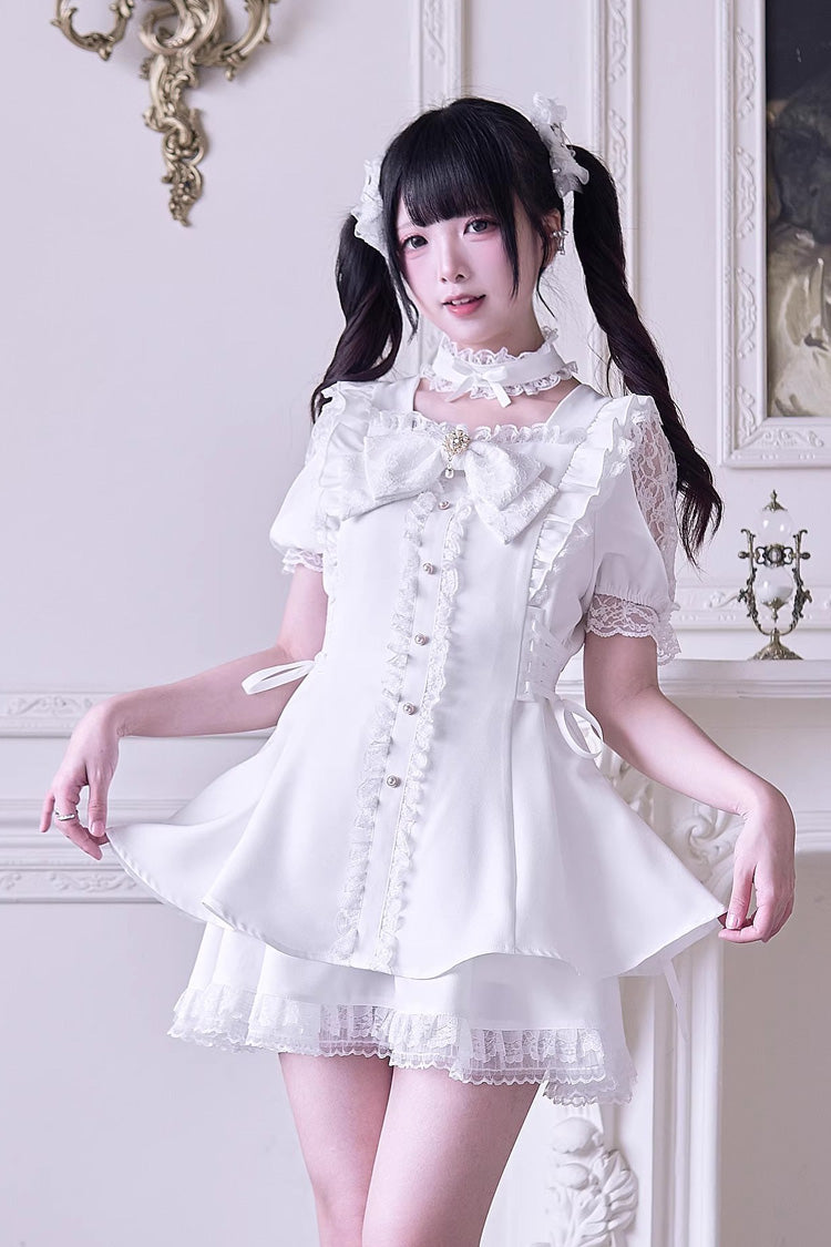 White [Waltz] Short Sleeves Ruffle Bowknot Gothic Jirai Kei Japanese Dress Set - White - 1