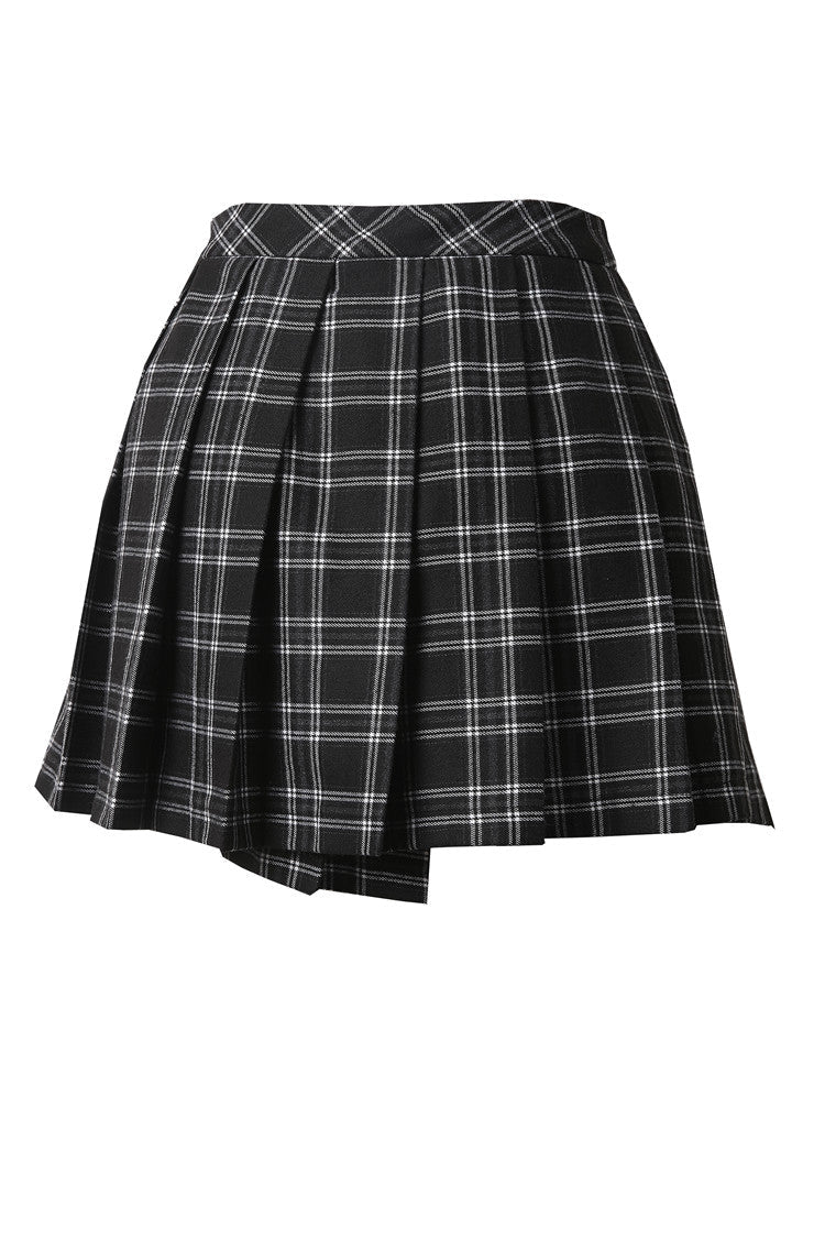 Black/White Irregular Plaid Pleated Women's Punk Hem Skirt - Product - 9