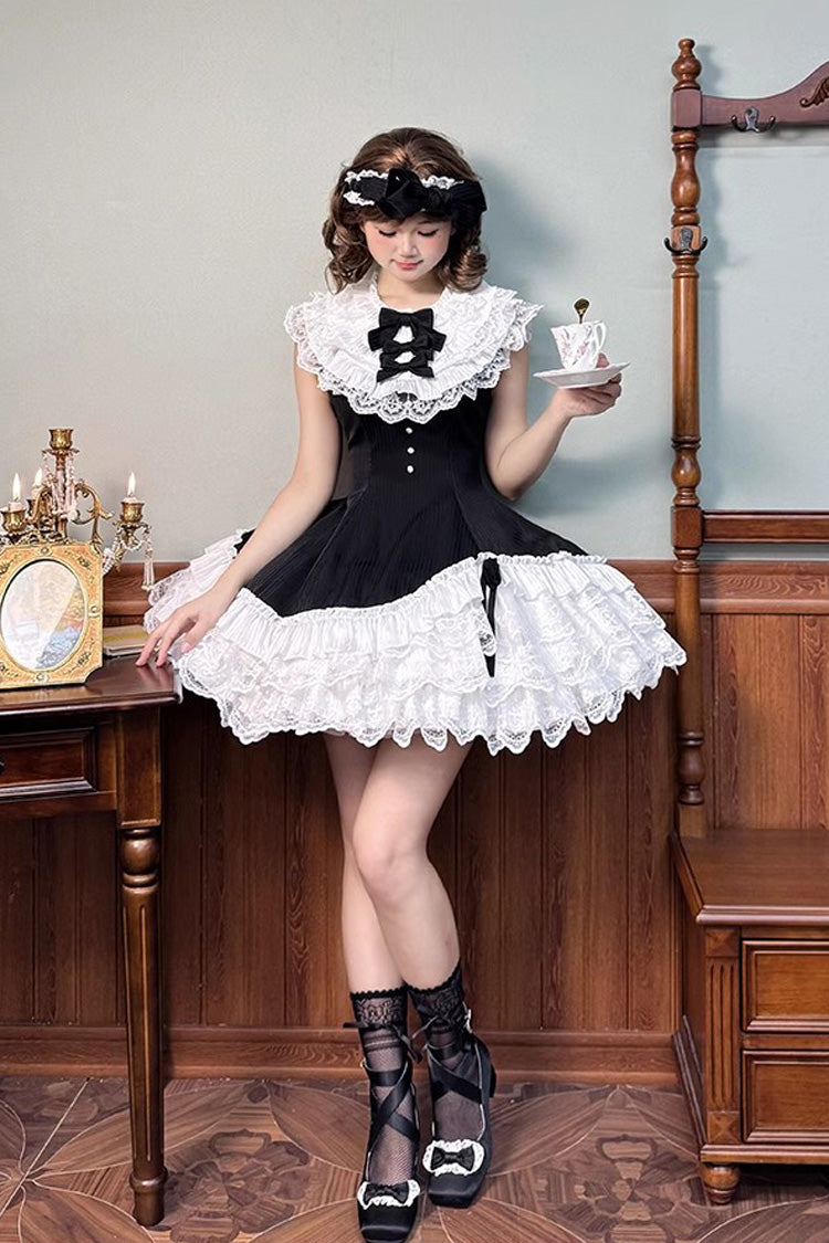 Black/White [Miss Tsundere] Sleeveless Multi-Layered Ruffle Bowknot Lace Asymmetric Sweet Princess Lolita Dress - Product - 9