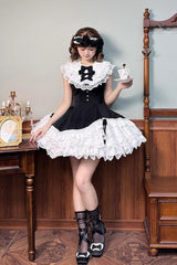 Black/White [Miss Tsundere] Sleeveless Multi-Layered Ruffle Bowknot Lace Asymmetric Sweet Princess Lolita Dress - Product - 9