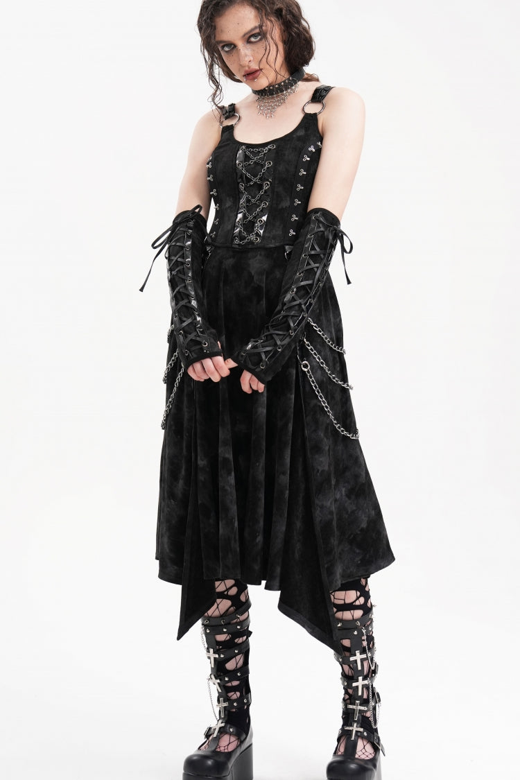 Black Chains Rings Lace-Up Women's Gothic Slip Dress with Gloves - Product - 5