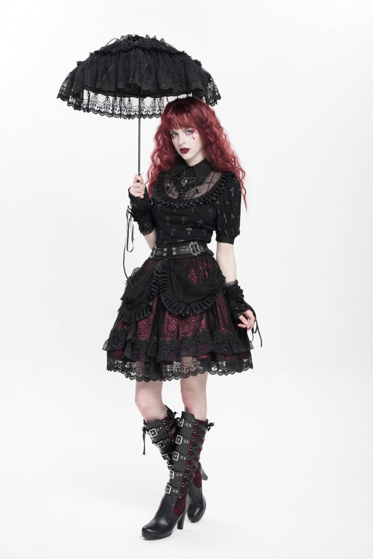 Black/Red Multi-Layered Ruffle Buckle Straps Women's Gothic Skirt - Product - 14