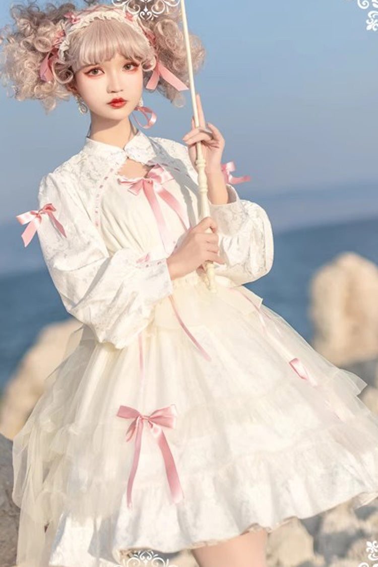 [Love Song] Long Sleeves Multi-Layered Jacquard Ruffle Bowknot Sweet Gothic Lolita Dress 3 Colors - Product - 9
