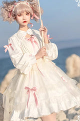 [Love Song] Long Sleeves Multi-Layered Jacquard Ruffle Bowknot Sweet Gothic Lolita Dress 3 Colors - Product - 9
