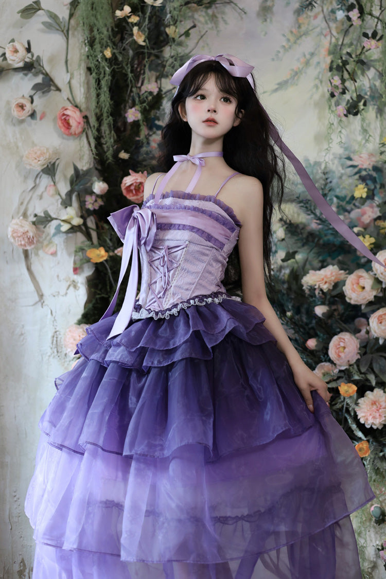 Purple [Lily of the Valley in Falling Snow] Sleeveless Triple-Layered Ruffled Bow Lace-Up Sweet Elegant Lolita Skirt Dress Set - Product - 2